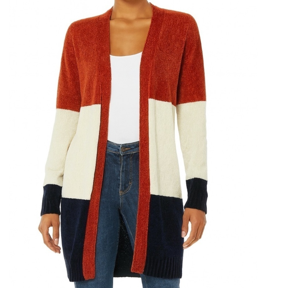 Lily White cardigan sweater long color block open front Soft orange/blue SZ M